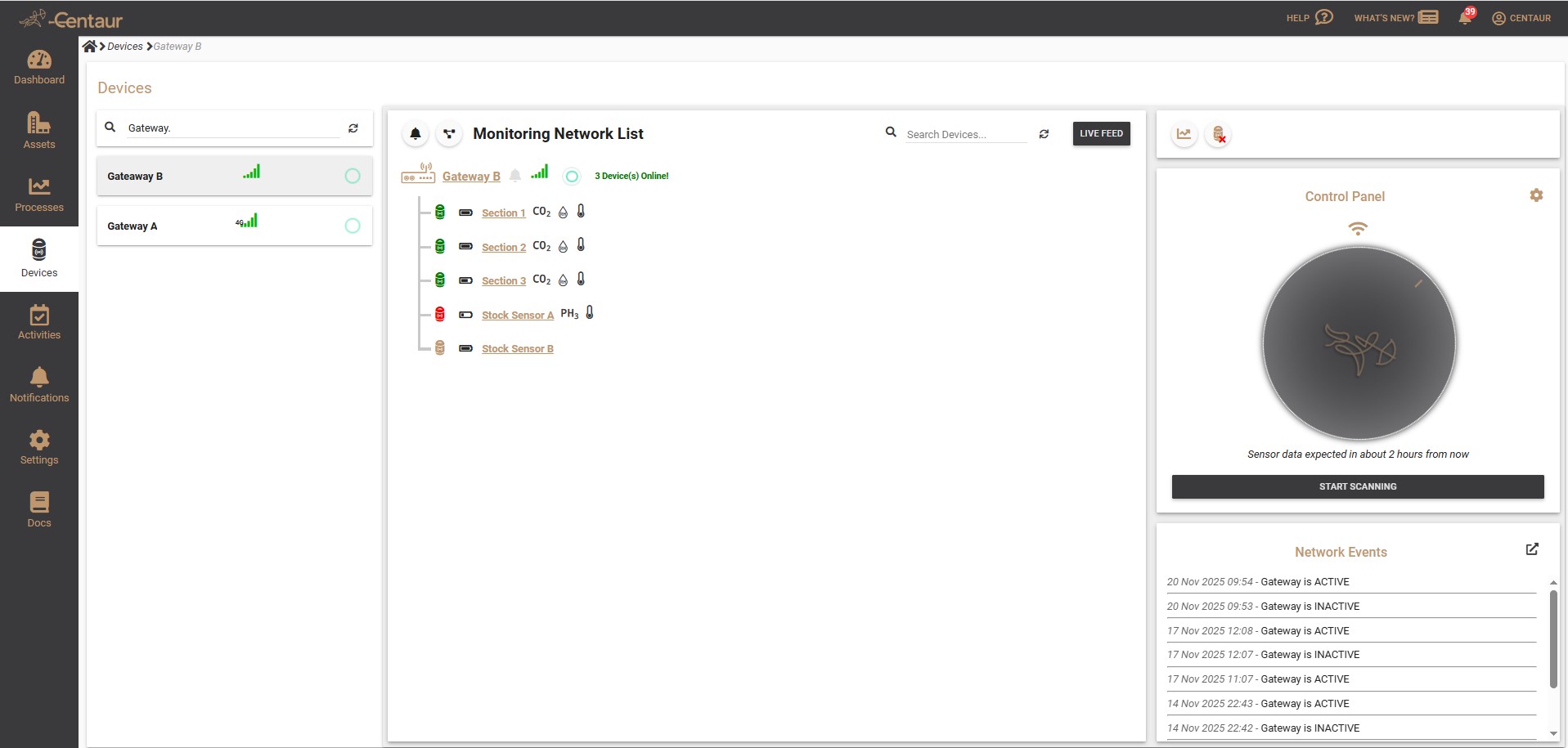 Centaur Gateway and devices page. On the left the Gateway, in the Center the sensors