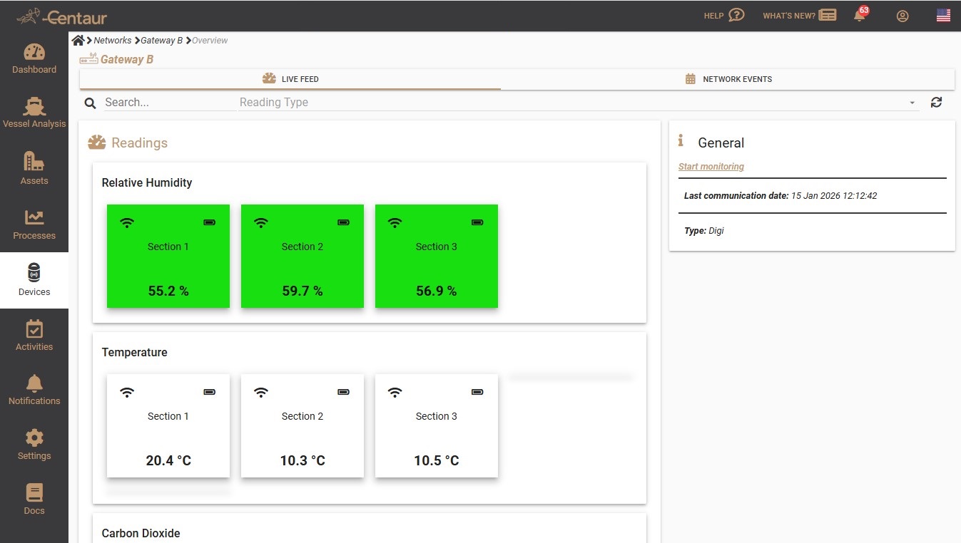 Centaur Sensor reading live feed. Viewing the latest measurment