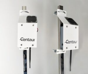 Centaur Branded metal mount with a single antenna underneath and Solar panel on top. Mounted in a metal pole with brackets